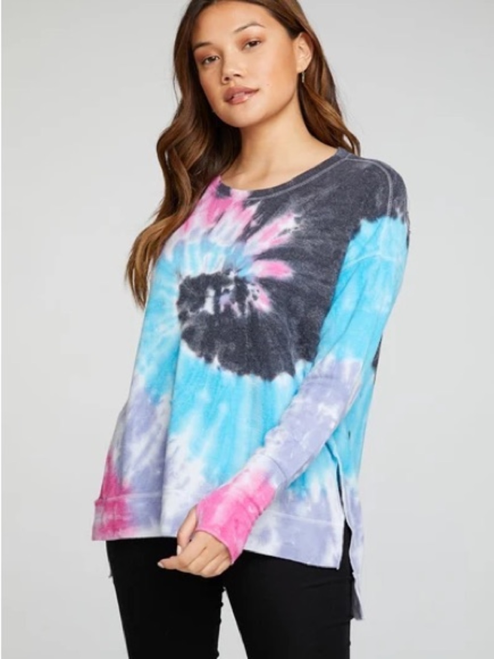 CHASER TIE DYE LONG SLEEVE KNIT PULLOVER WITH THUMBHOLES SIZE SMALL RELAXED FIT